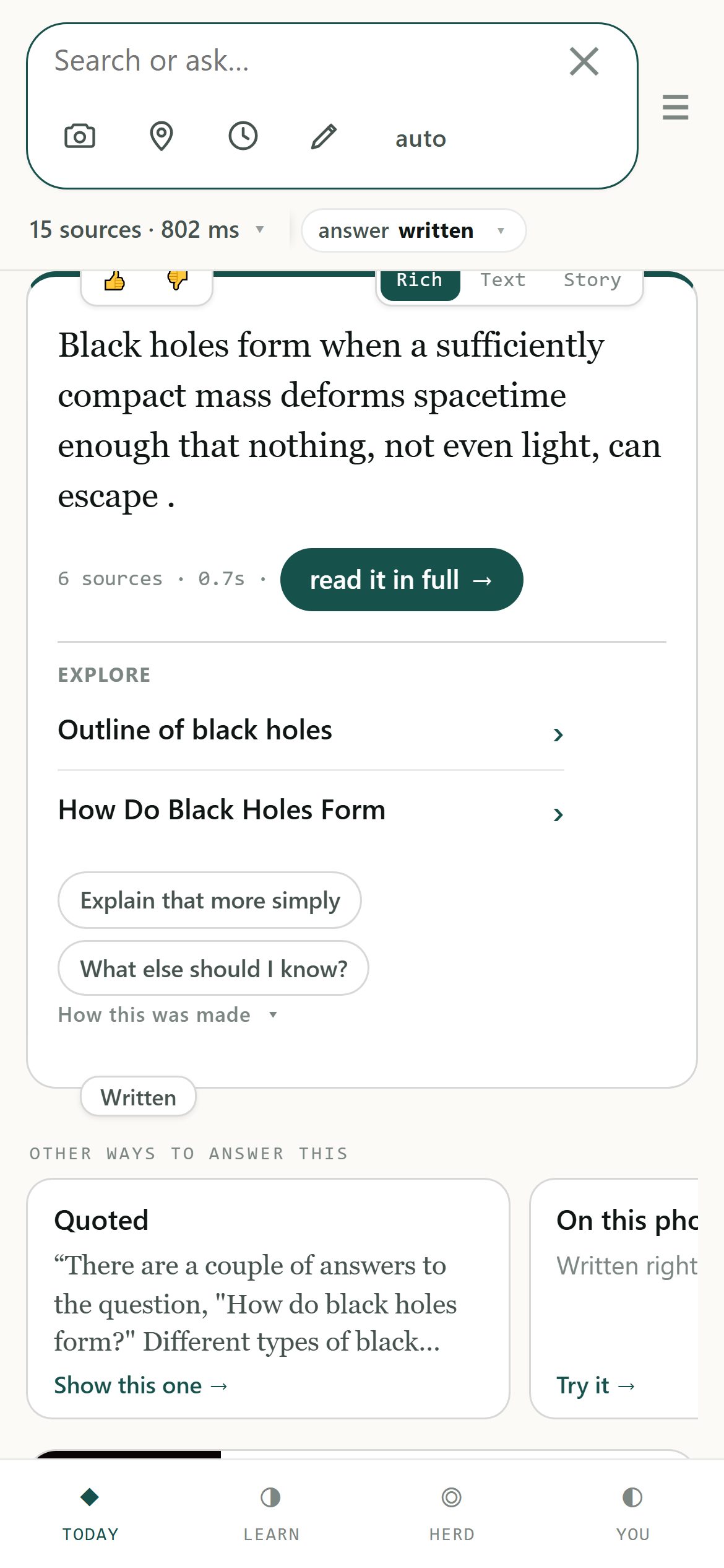 The phone app answering “how do black holes form”: one written answer with six sources, Explore links, and other ways to answer it below