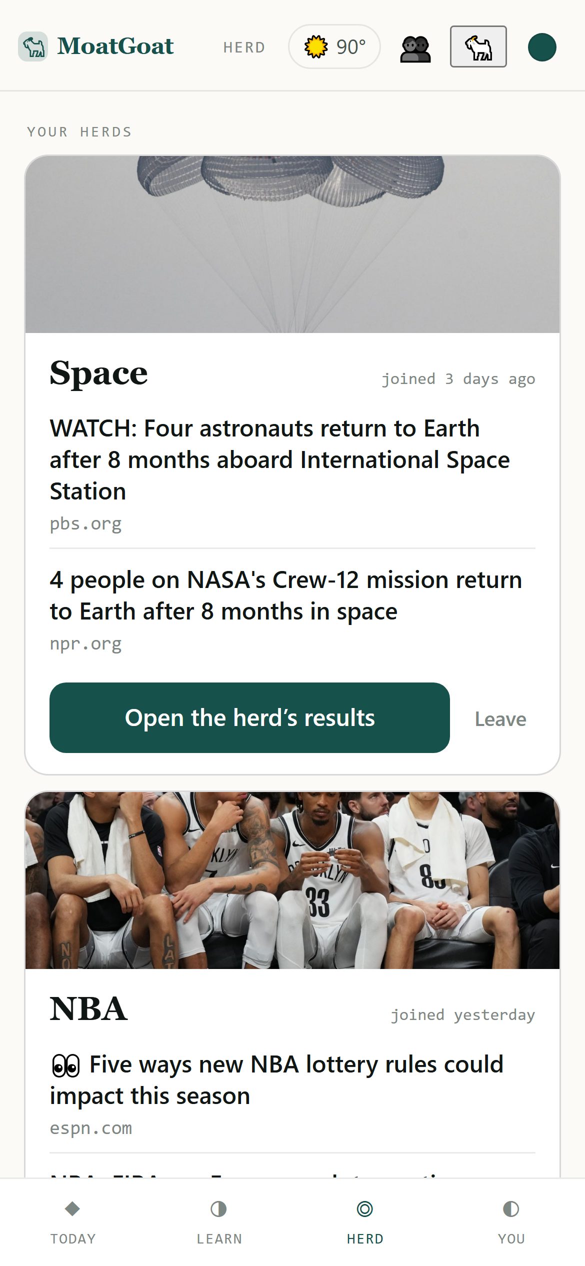 Herds: Space and NBA herd cards with pictures and headlines, and herds to try