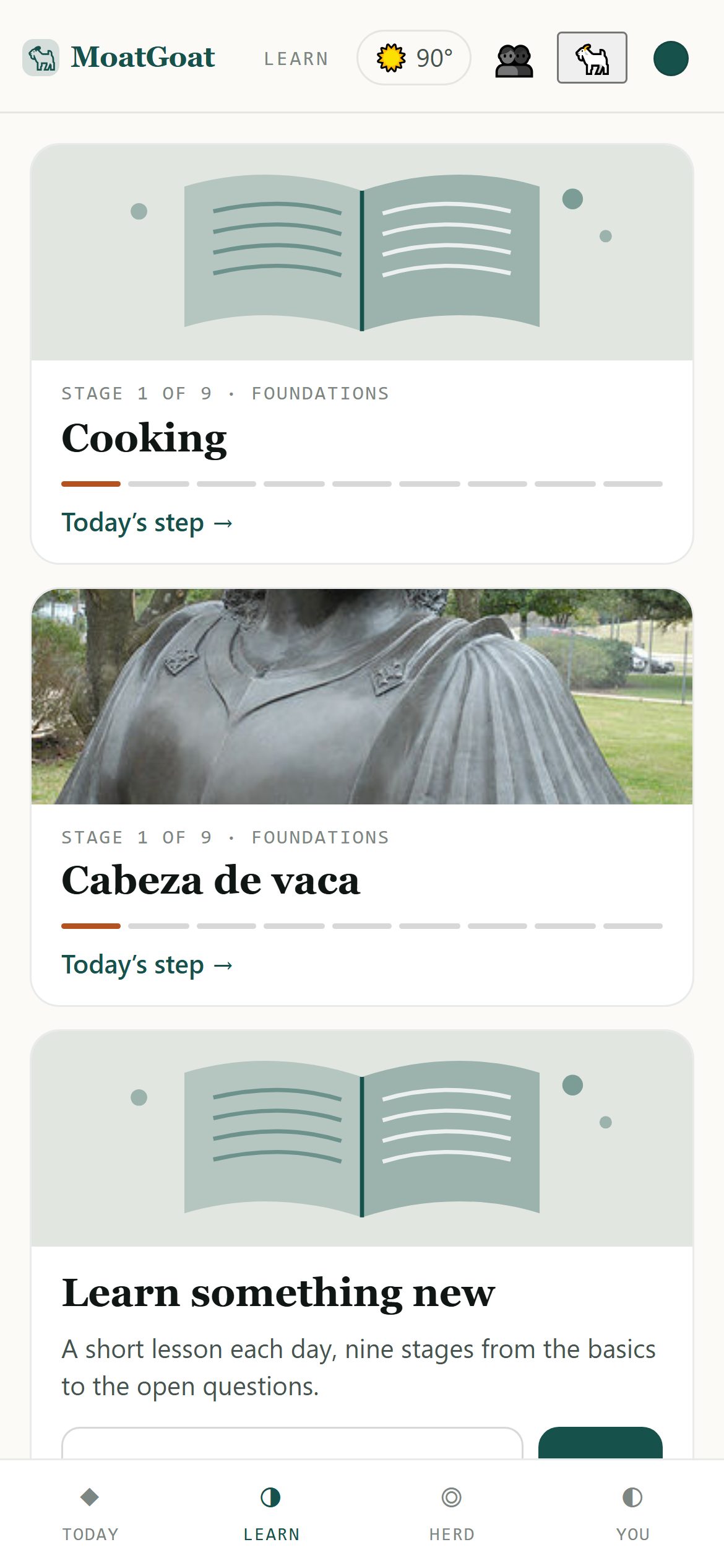 Learn: subject cards for Cooking and Cabeza de vaca, each with a picture and today’s step