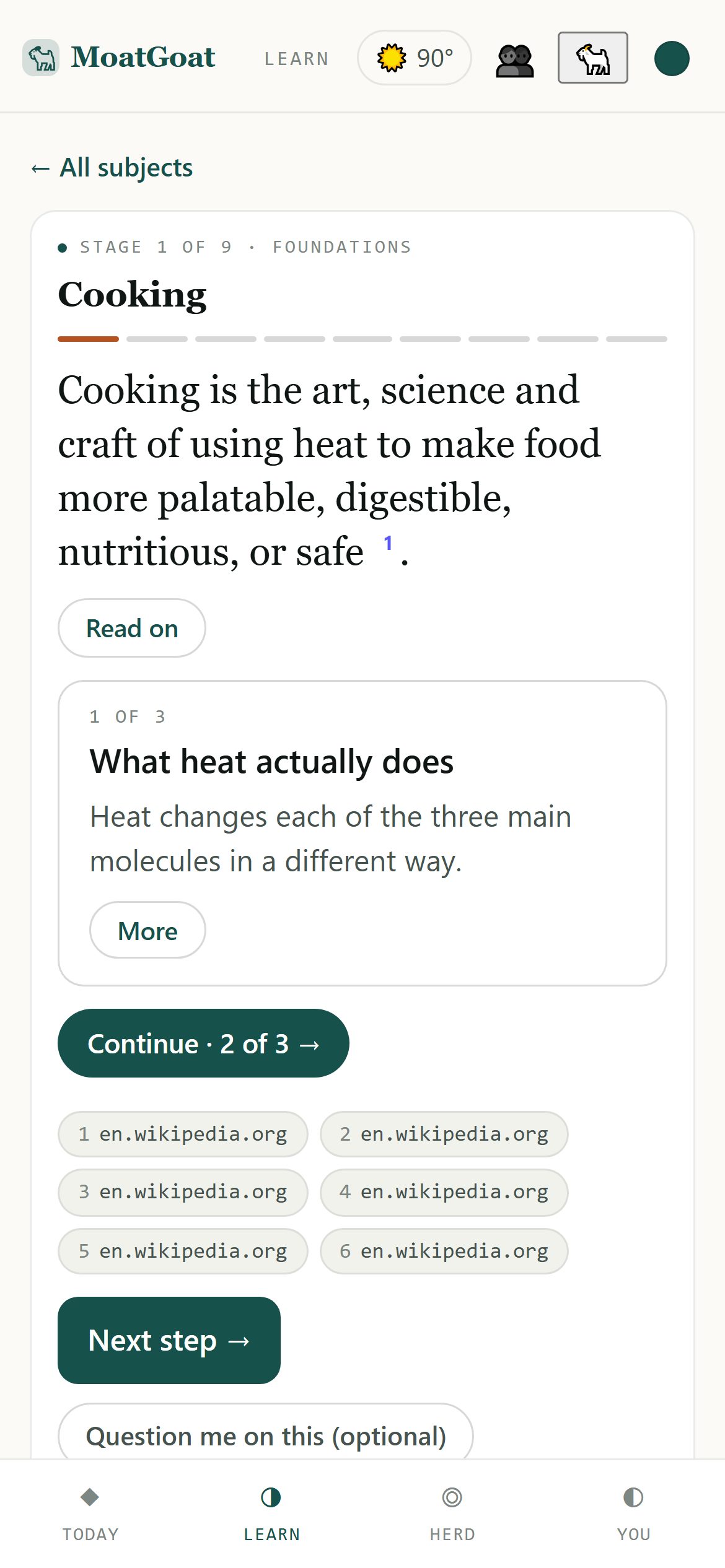 A Cooking lesson at stage 1 of 9: one sentence, then one part at a time with Continue