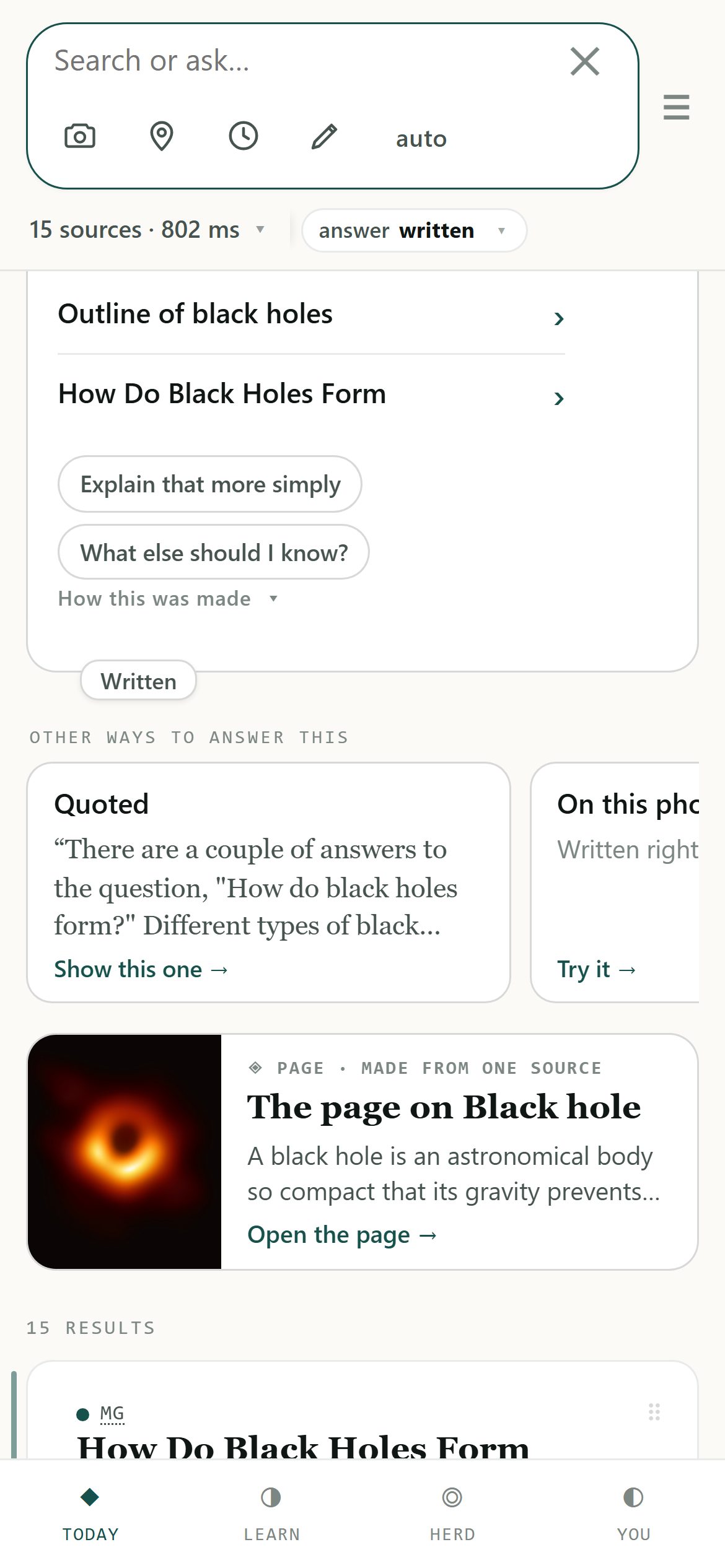 Other ways to answer this: a quoted answer card, an on-phone card, and a page made from one source with a picture of a black hole