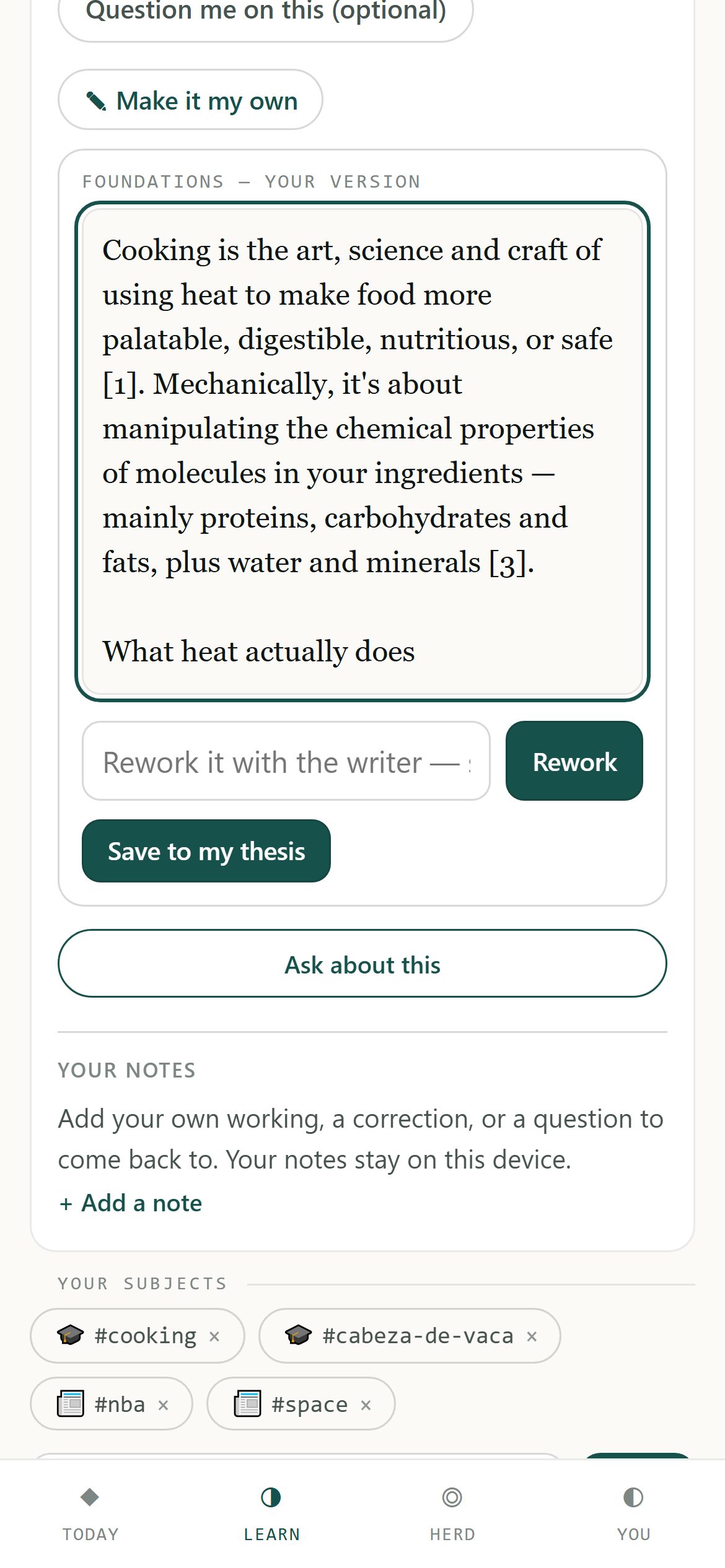 Make it my own: the lesson in an editor, with Rework and Save to my thesis