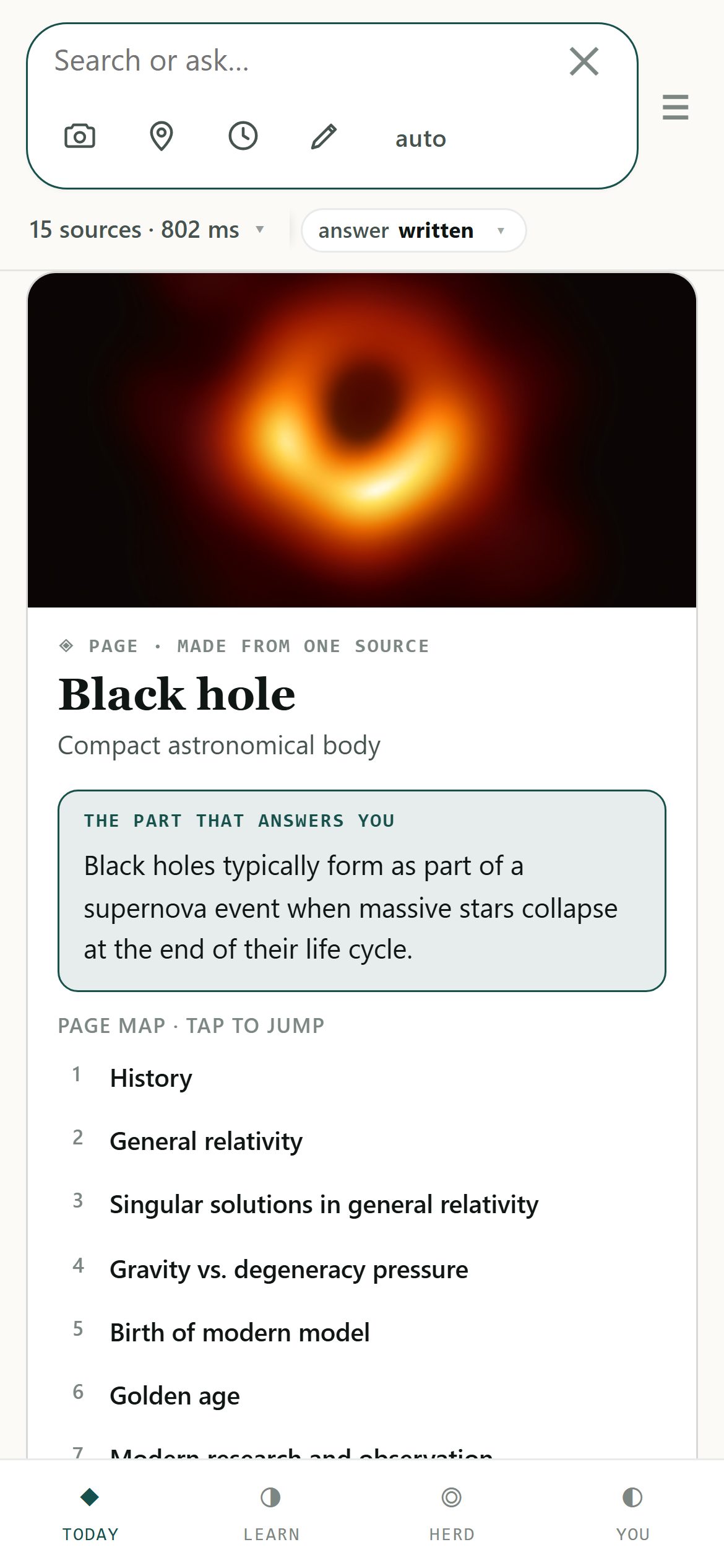 The page on Black hole, built from one source, opened under the answer